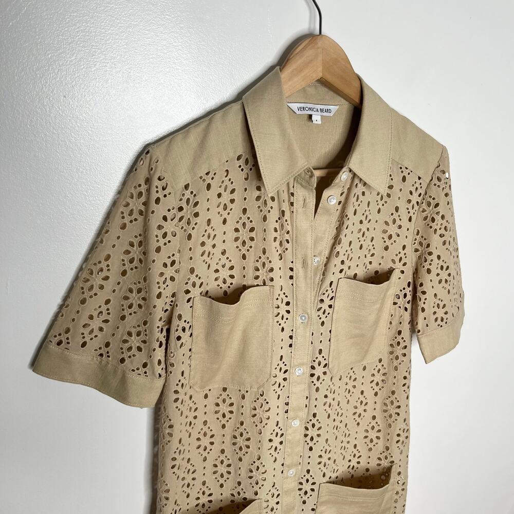 Veronica Beard Rafaela Eyelet Shirt Dress Khaki Utility Chic Size 4 No Slip - Picture 5 of 9